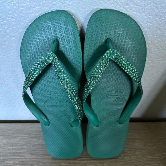 Havaianas Brazil Green Crystal Embellished Thong Flip Flops Sandals 42-42 - Picture 2 of 5